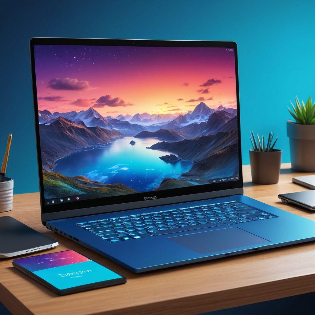 An open laptop on a sleek desk, displaying a vibrant website filled with stars for reviews and organized tabs for user guides. Surround the scene with digital elements like glowing icons for navigation, search bars, and cloud storage symbols. The backdrop features a calming blue gradient to evoke a digital atmosphere. Super-realistic. vibrant colors. 3D.