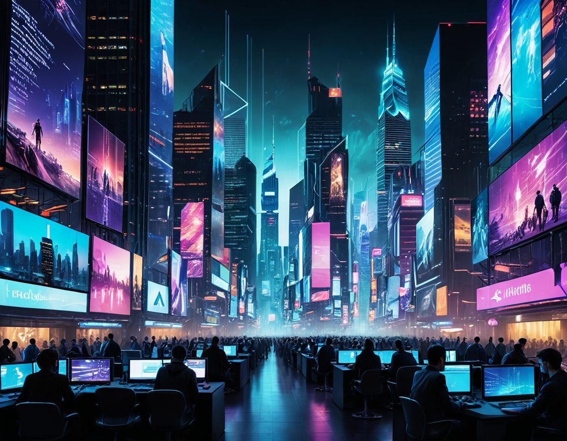 A dynamic collage featuring a futuristic city skyline with digital screens showcasing top-rated websites. Include diverse people engaging with smartphones and laptops, symbolizing digital connectivity. Infuse elements of innovation, like holograms of popular websites and vibrant data streams connecting the scenes. The atmosphere should convey excitement and exploration of technology. cyberpunk. vibrant colors. 3D.