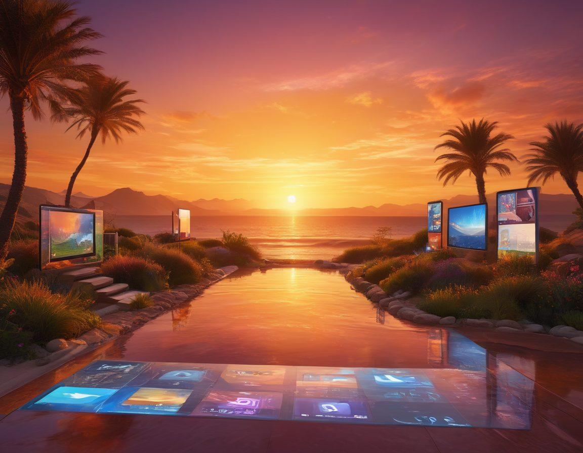 A visually stunning digital landscape featuring diverse online platforms like websites and apps, interconnected by glowing digital pathways. Include iconic symbols representing education, entertainment, and social media against a vibrant sunset backdrop. The image should evoke a sense of exploration and innovation in the online world. super-realistic. vibrant colors. 3D.